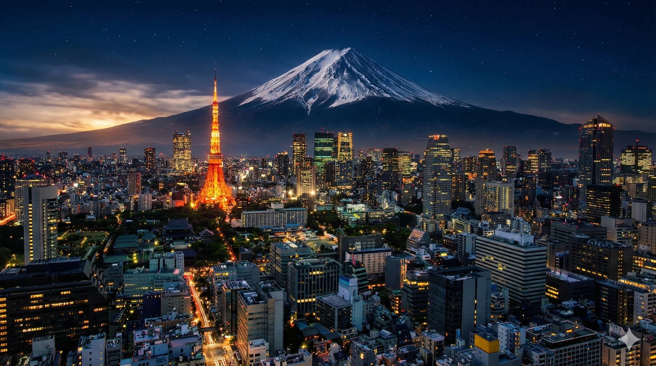 Vista nocturna de los rascacielos de Tokio.
